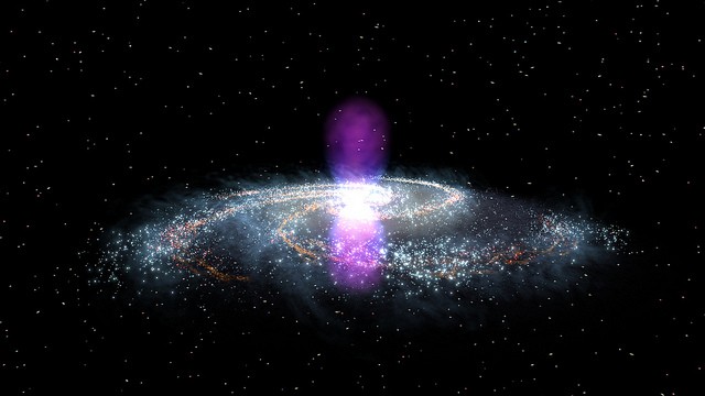 NASA image release November 9, 2010 Using data from NASA's Fermi Gamma-ray Space Telescope, scientists have recently discovered a gigantic, mysterious structure in our galaxy. This never-before-seen feature looks like a pair of bubbles extending above and below our galaxy's center. But these enormous gamma-ray emitting lobes aren't immediately visible in the Fermi all-sky map. However, by processing the data, a group of scientists was able to bring these unexpected structures into sharp relief. Each lobe is 25,000 light-years tall and the whole structure may be only a few million years old. Within the bubbles, extremely energetic electrons are interacting with lower-energy light to create gamma rays, but right now, no one knows the source of these electrons. Are the bubbles remnants of a massive burst of star formation? Leftovers from an eruption by the supermassive black hole at our galaxy's center? Or or did these forces work in tandem to produce them? Scientists aren't sure yet, but the more they learn about this amazing structure, the better we'll understand the Milky Way. To learn more go to: http://www.nasa.gov/mission_pages/GLAST/news/new-structure.html NASA Goddard Space Flight Center enables NASA’s mission through four scientific endeavors: Earth Science, Heliophysics, Solar System Exploration, and Astrophysics. Goddard plays a leading role in NASA’s accomplishments by contributing compelling scientific knowledge to advance the Agency’s mission. Follow us on Twitter Join us on Facebook Credit: NASA/Goddard Space Flight Center Scientific Visualization Studio